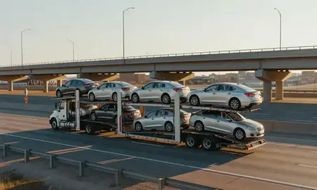 Car transporter with the Newton, Iowa, United States skyline behind it