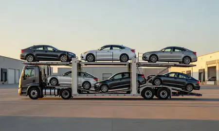 Car transporter parked in an industrial area of North Liberty, Iowa, United States