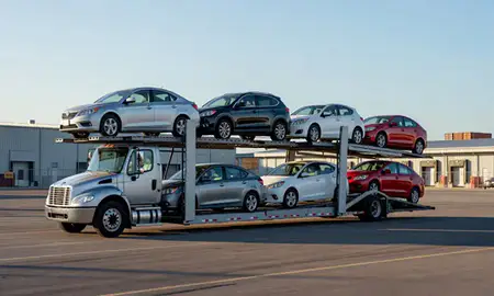 Car transporter loaded with vehicles in North Liberty, Iowa, United States