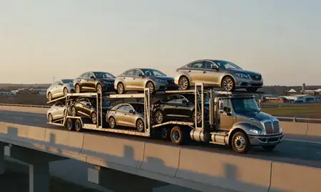Car transporter with the North Liberty, Iowa, United States skyline behind it