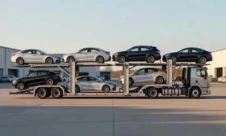 Car transporter parked in an industrial area of Ottumwa, Iowa, United States
