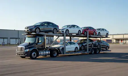 Car transporter loaded with vehicles in Ottumwa, Iowa, United States