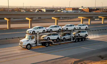 Car transporter with the Ottumwa, Iowa, United States skyline behind it