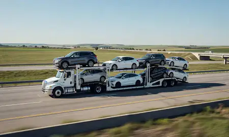 Multi-level car carrier on the highway to Sioux City, Iowa, United States