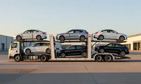 Car transporter parked in an industrial area of Sioux City, Iowa, United States