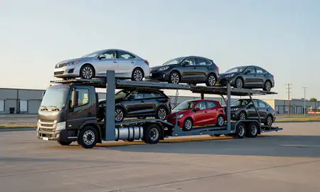 Car transporter loaded with vehicles in Sioux City, Iowa, United States