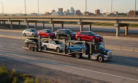 Car transporter with the Sioux City, Iowa, United States skyline behind it