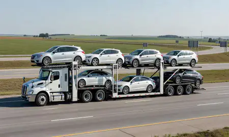 Multi-level car carrier on the highway to Urbandale, Iowa, United States