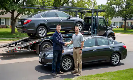 Vehicle owner beside their delivered car in Urbandale, Iowa, United States
