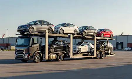 Car transporter loaded with vehicles in Urbandale, Iowa, United States
