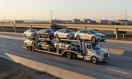Car transporter with the Urbandale, Iowa, United States skyline behind it