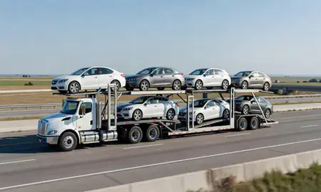 Multi-level car carrier on the highway to Waterloo, Iowa, United States