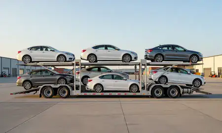Car transporter parked in an industrial area of Waterloo, Iowa, United States