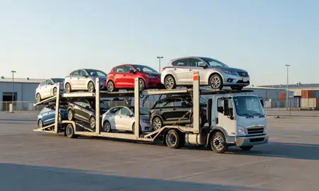 Car transporter loaded with vehicles in Waterloo, Iowa, United States