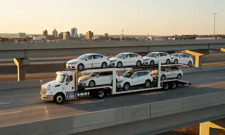 Car transporter with the Waterloo, Iowa, United States skyline behind it
