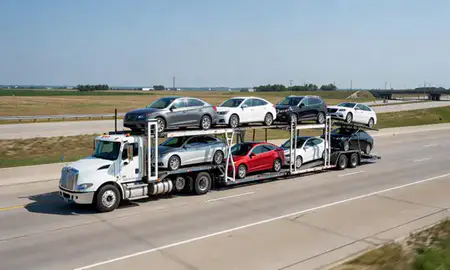 Multi-level car carrier on the highway to Waukee, Iowa, United States