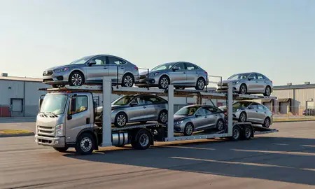Car transporter loaded with vehicles in Waukee, Iowa, United States