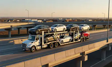 Car transporter with the Waukee, Iowa, United States skyline behind it