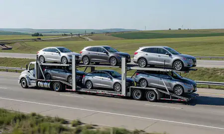 Multi-level car carrier on the highway to West Des Moines, Iowa, United States