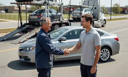 Vehicle owner beside their delivered car in West Des Moines, Iowa, United States