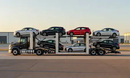 Car transporter parked in an industrial area of West Des Moines, Iowa, United States