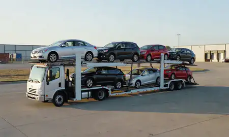 Car transporter loaded with vehicles in West Des Moines, Iowa, United States