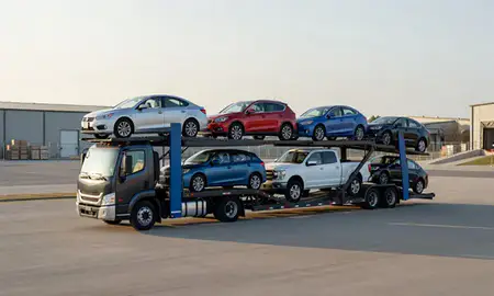 Car transporter loaded with vehicles in Andover, Kansas, United States