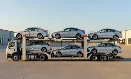 Car transporter parked in an industrial area of Arkansas City, Kansas, United States