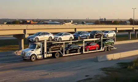 Car transporter with the Arkansas City, Kansas, United States skyline behind it