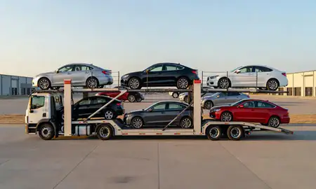 Car transporter parked in an industrial area of Derby, Kansas, United States