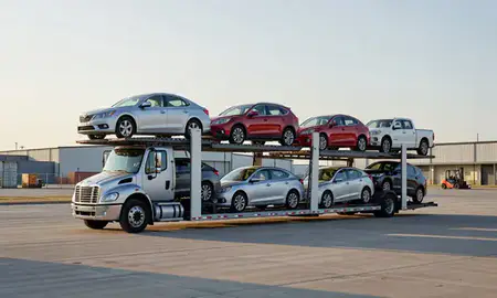 Car transporter loaded with vehicles in Derby, Kansas, United States