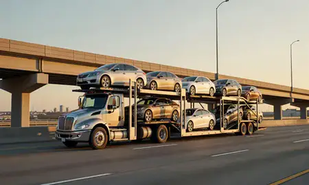 Car transporter with the Derby, Kansas, United States skyline behind it