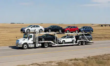 Multi-level car carrier on the highway to Dodge City, Kansas, United States