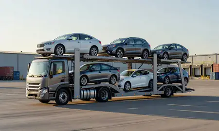 Car transporter loaded with vehicles in Dodge City, Kansas, United States