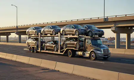 Car transporter with the Dodge City, Kansas, United States skyline behind it