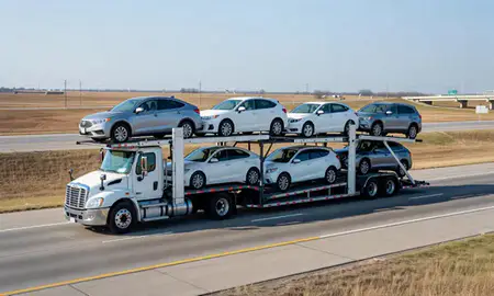 Multi-level car carrier on the highway to El Dorado, Kansas, United States