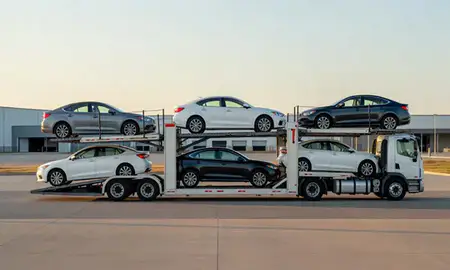 Car transporter parked in an industrial area of El Dorado, Kansas, United States