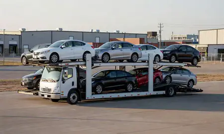 Car transporter loaded with vehicles in El Dorado, Kansas, United States