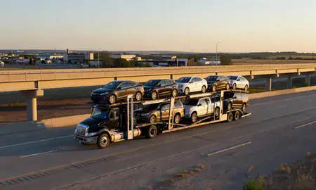 Car transporter with the El Dorado, Kansas, United States skyline behind it