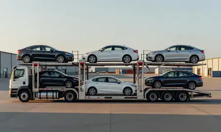 Car transporter parked in an industrial area of Emporia, Kansas, United States