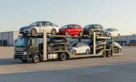 Car transporter loaded with vehicles in Emporia, Kansas, United States