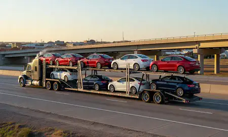 Car transporter with the Emporia, Kansas, United States skyline behind it