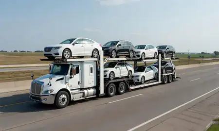 Multi-level car carrier on the highway to Garden City, Kansas, United States