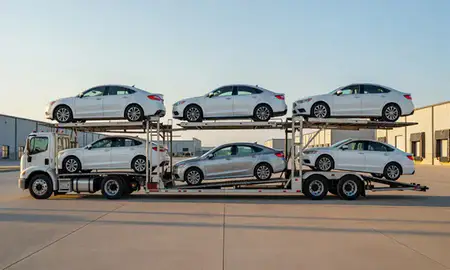 Car transporter parked in an industrial area of Garden City, Kansas, United States