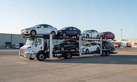 Car transporter loaded with vehicles in Garden City, Kansas, United States