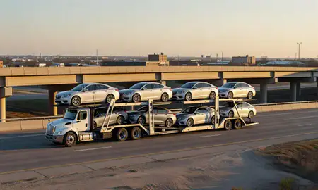 Car transporter with the Garden City, Kansas, United States skyline behind it