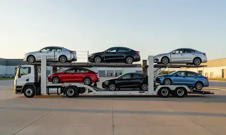 Car transporter parked in an industrial area of Gardner, Kansas, United States