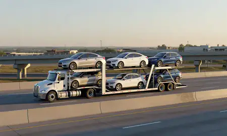 Car transporter with the Gardner, Kansas, United States skyline behind it