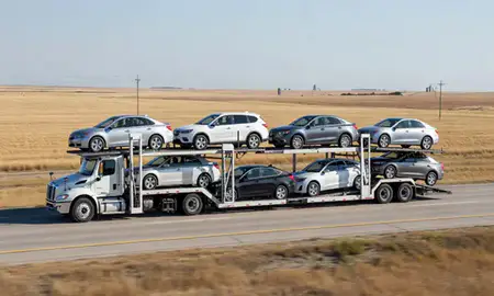Multi-level car carrier on the highway to Great Bend, Kansas, United States