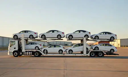 Car transporter parked in an industrial area of Great Bend, Kansas, United States